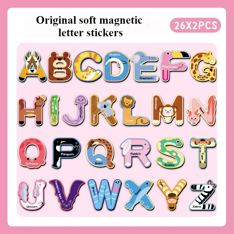 Abc Kids Early Education - 52個のアルファベット磁気冷蔵庫ステッカー、かわいい漫画の動物ソフトマグネット、子供の早期学習教育玩具、ABC装飾
