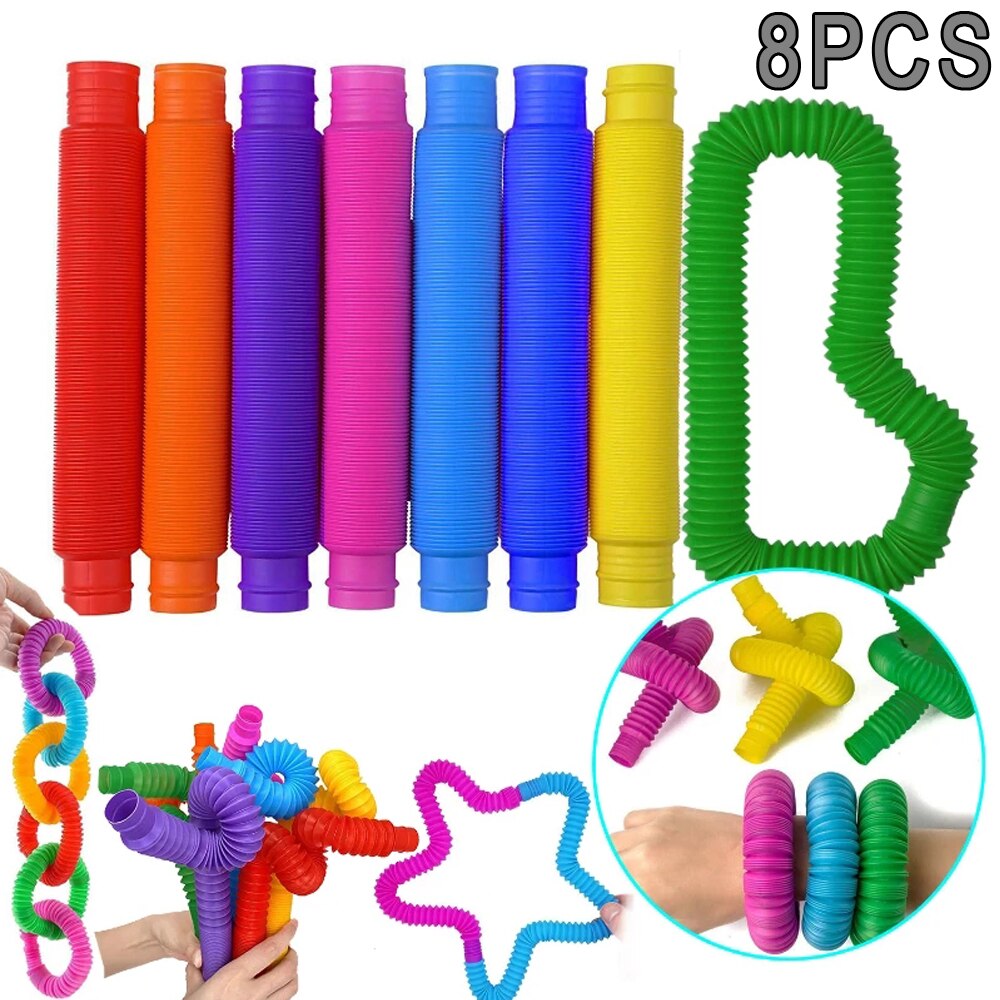 Kids Education Material - 8個カラフルな伸縮チューブポップチューブストレッチチューブコルゲートチューブ大人用ストレス解消おもちゃ教育用折りたたみおもちゃ